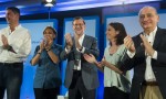 Xavier García Albiol, María Dolores de Cospedal, Mariano Rajoy, Andrea Levy y Jorge Fernández Díaz en la presentación del programa electoral en Barcelona