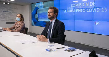 El presidente del Partido Popular, Pablo Casado, durante la Comisión de Seguimiento Covid-19