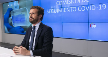 El presidente del Partido Popular, Pablo Casado, durante la Comisión de Seguimiento Covid-19