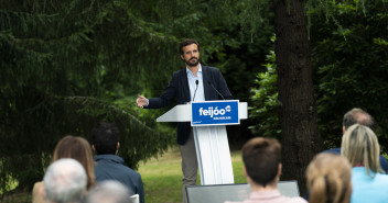 El presidente del Partido Popular, Pablo Casado, en la presentación de los candidatos al Parlamento de Galicia