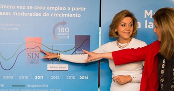 Verónica Lope, Carlos Floriano, María Dolores de Cospedal, Fátima Báñez y Javier Arenas en la Exposición itinerante sobre datos de empleo