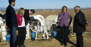 Mª Dolores Cospedal y Xavier García Albiol en la visita a una vaquería en Vallfogona de Balaguer (Lleida)