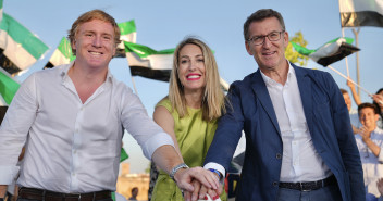 Alberto Núñez Feijóo, María Guardiola e Ignacio Gragera en el acto celebrado en Badajoz