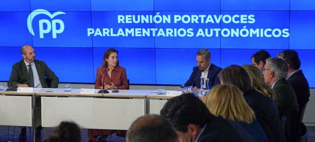 Hoy, durante una reunión de la secretaria general, Cuca  Gamarra, con los portavoces parlamentarios autonómicos del PP