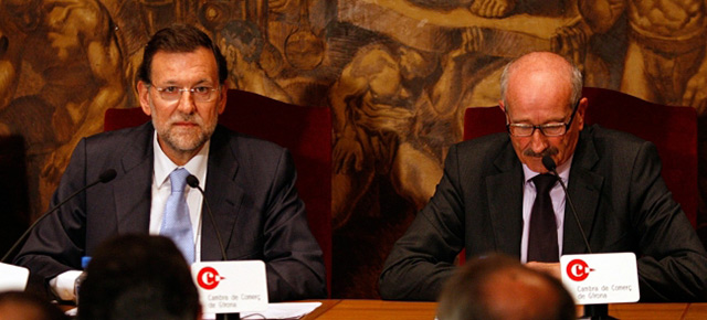 El presidente del Partido Popular, Mariano Rajoy, durante la conferencia en la Cámara de Comercio de Girona