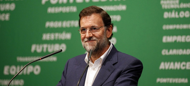 El presidente del Partido Popular, Mariano Rajoy, durante su intervención en un acto del PP en Pontevedra