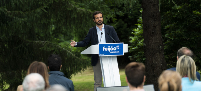 El presidente del Partido Popular, Pablo Casado, en la presentación de los candidatos al Parlamento de Galicia
