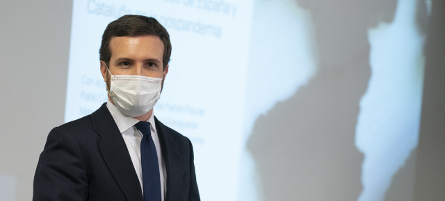 Pablo Casado durante una conferencia bajo el título “Retos económicos de España y Cataluña en la post pandemia”