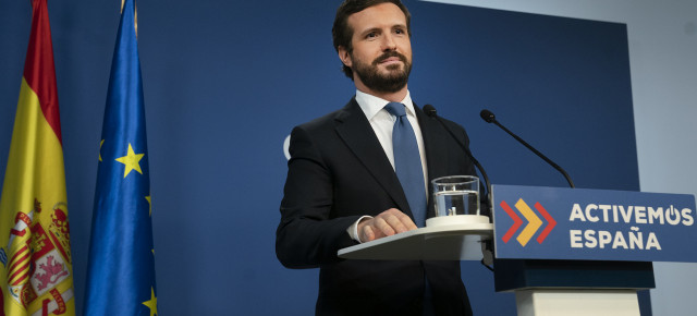 El líder del PP, Pablo Casado, durante la rueda de prensa