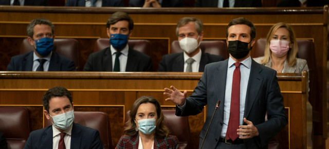 Pablo Casado hoy, durante la sesión de control al Gobierno en el Congreso