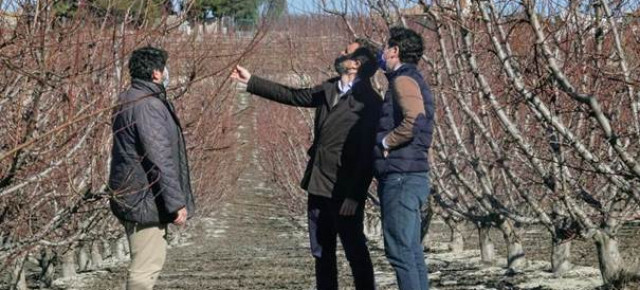 Pablo Casado junto a Teodoro García Egea y Fernando López Miras durante la visita a una explotación agraria.