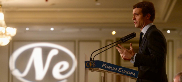 Pablo Casado, durante su intervención en el desayuno informativo de Forum Europa