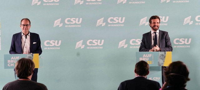 El presidente del Partido Popular, Pablo Casado, durante su comparecencia en Berlín