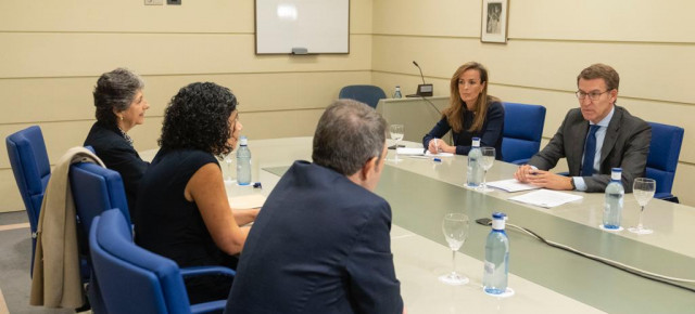 El presidente del Partido Popular, Alberto Núñez Feijóo, y la vicesecretaria de Políticas Sociales, Carmen Navarro, durante la reunión.