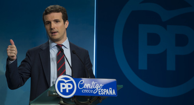 Pablo Casado, en  rueda de prensa en la sede nacional del PP