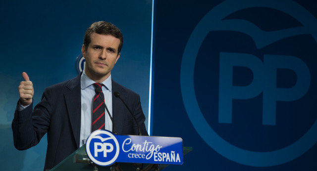 Pablo Casado, en  rueda de prensa en la sede nacional del PP