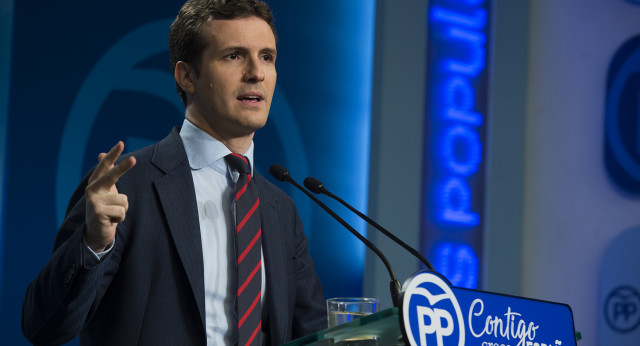 Pablo Casado, en  rueda de prensa en la sede nacional del PP