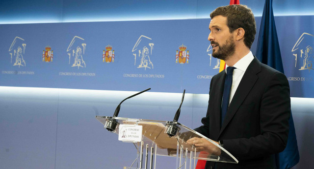 Pablo Casado, en rueda de prensa desde el Congreso de los Diputados.