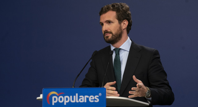 El presidente del Partido Popular, Pablo Casado, en rueda de prensa