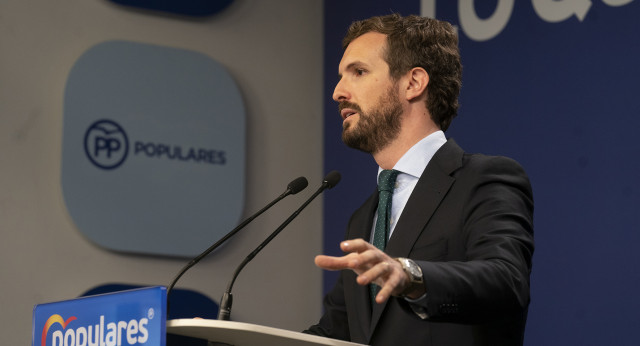 El presidente del Partido Popular, Pablo Casado, en rueda de prensa