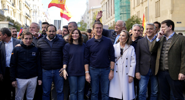 Alberto Núñez Feijóo, junto a otros dirigentes del PP, en la manifestación de la sociedad civil contra la amnistía