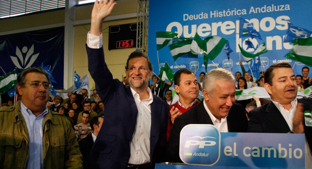 Mariano Rajoy, Javier Arenas y Juan Ignacio Zoido en uno de los momentos del acto