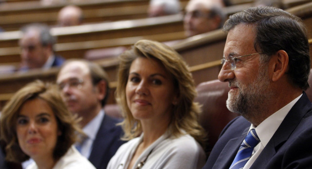La bancada popular: Mariano Rajoy, María Dolores de Cospedal y Soraya Sáenz de Santamaría