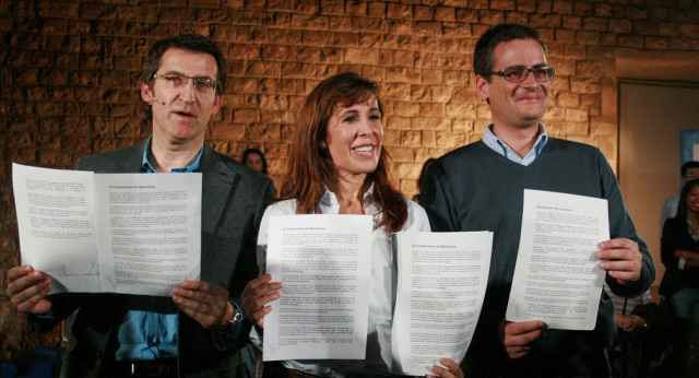 Alicia Sánchez-Camacho, Alberto Núñez Feijóo y Antonio Basagoiti firman el "Compromiso de Barcelona"