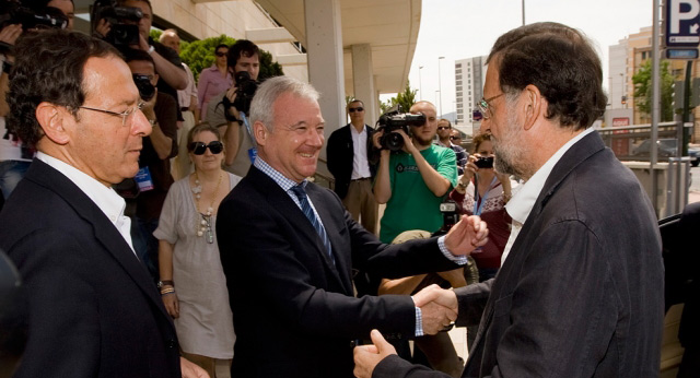 Mariano Rajoy con Ramón Luis Valcárcel y Luis Cámara en Murcia