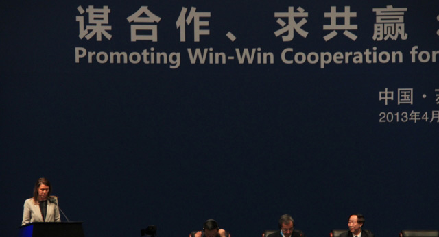 María Dolores de Cospedal durante su intervención en el IV Foro de Alto Nivel China-Europa