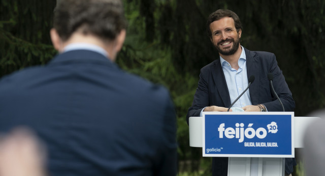 El presidente del Partido Popular, Pablo Casado, en la presentación de los candidatos al Parlamento de Galicia