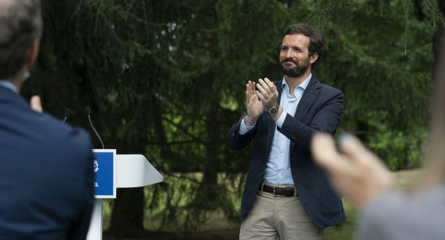 El presidente del Partido Popular, Pablo Casado, en la presentación de los candidatos al Parlamento de Galicia