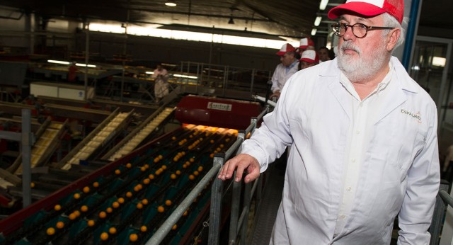 Miguel Arias Cañete durante su visita a la fábrica de naranjas en Lora del Río