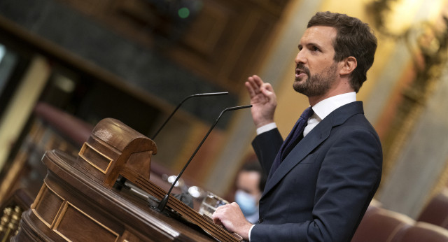 El presidente, Pablo Casado, durante su intervención en el debate de los PGE