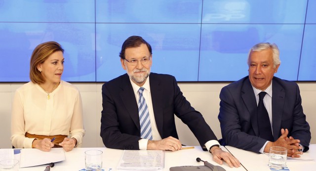 Mariano Rajoy junto a la Secretaria General, Mª Dolores de Cospedal y el Vicesecretario general de Política Autonómica y Local, Javier Arenas