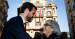 Pablo Casado interviene antes los medios en su visita al Ayuntamiento de Pamplona.