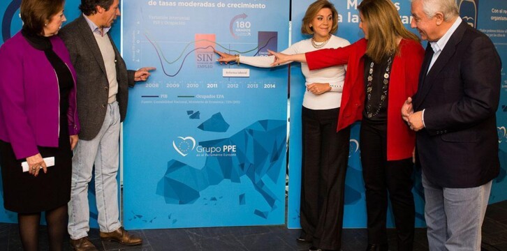 Verónica Lope, Carlos Floriano, María Dolores de Cospedal, Fátima Báñez y Javier Arenas en la Exposición itinerante sobre datos de empleo