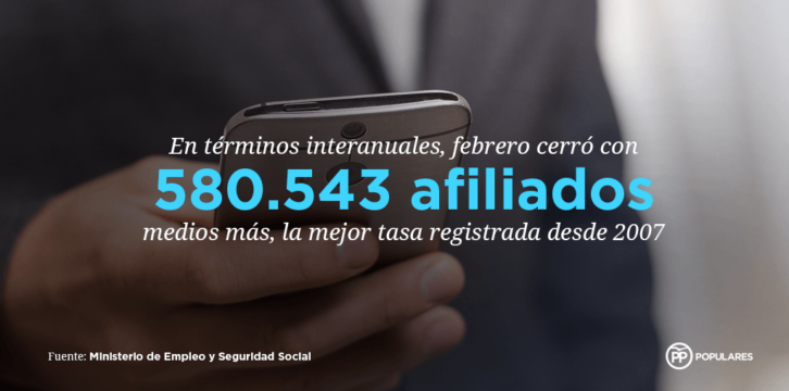 Datos Paro Febrero de 2017. Afiliación en términos interanuales