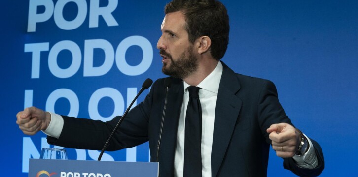 Pablo Casado en un acto con interventores y apoderados de Murcia.