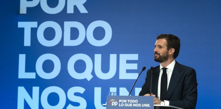 Pablo Casado en un acto con interventores y apoderados de Murcia.