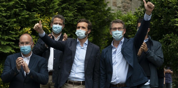 Pablo Casado, Jaime de Olano, Alberto Núñez Feijóo y Miguel Tellado en la presentación de los candidatos al Parlamento de Galicia
