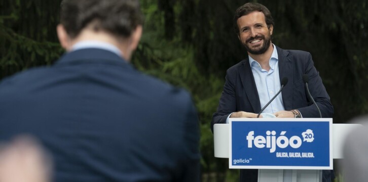El presidente del Partido Popular, Pablo Casado, en la presentación de los candidatos al Parlamento de Galicia