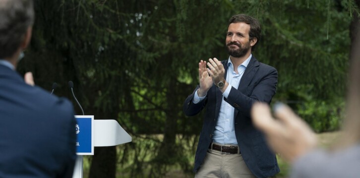 El presidente del Partido Popular, Pablo Casado, en la presentación de los candidatos al Parlamento de Galicia
