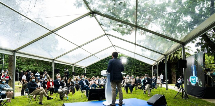 El presidente del Partido Popular, Pablo Casado, en la presentación de los candidatos al Parlamento de Galicia