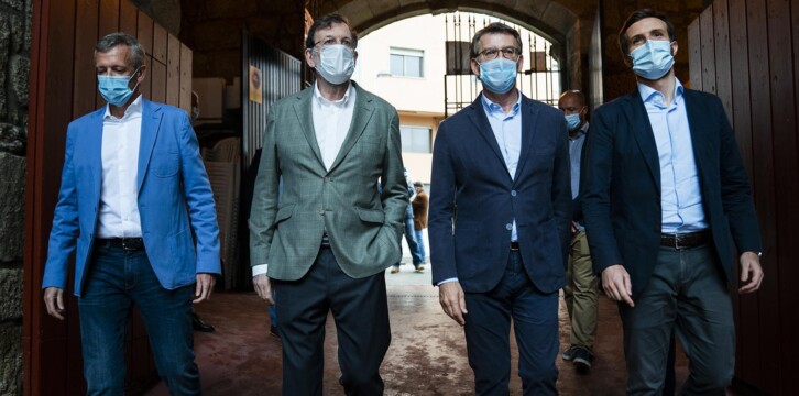 Alfonso Rueda, Mariano Rajoy, Alberto Núñez Feijóo y Pablo Casado y en el acto central de campaña