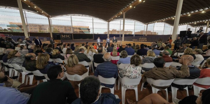 Alberto Núñez Feijóo en un acto en la Ciudad de la Raqueta con el alcalde de Madrid, Almeida, y Toni Nadal.