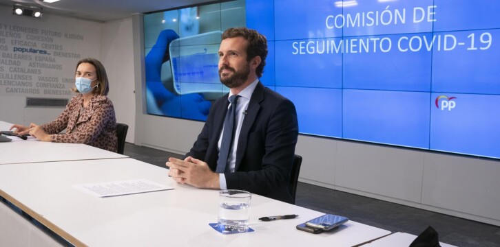 El presidente del Partido Popular, Pablo Casado, durante la Comisión de Seguimiento Covid-19