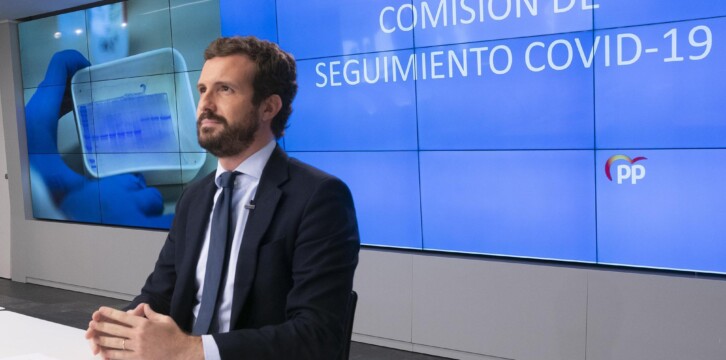 El presidente del Partido Popular, Pablo Casado, durante la Comisión de Seguimiento Covid-19