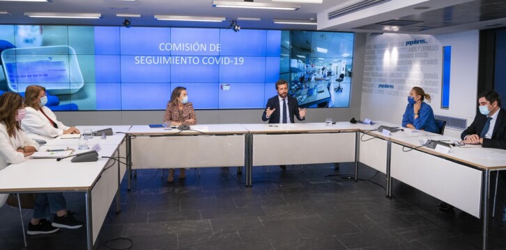 El presidente del Partido Popular, Pablo Casado, durante la Comisión de Seguimiento Covid-19